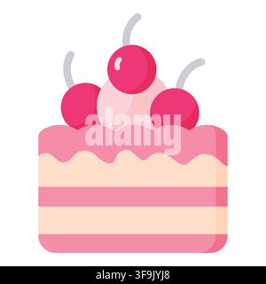 Sweet pink layered cake with cherries and cream frosting, flat design illustration Stock Vector