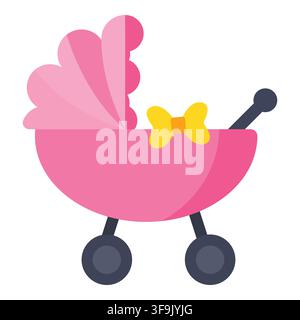 Cute pink baby stroller with yellow bow, flat design illustration Stock Vector