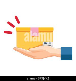 Hand holding a yellow package with a fragile sticker and red alert lines Stock Vector