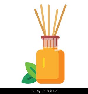 Aromatic diffuser with natural reeds and green leaves, modern flat design Stock Vector