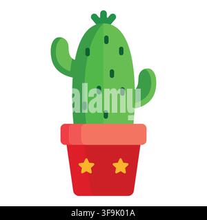 Vibrant green cartoon cactus in a red pot with yellow stars, flat design illustration Stock Vector