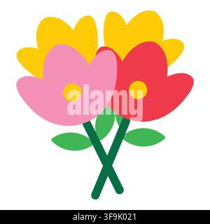 Simple flat design bouquet of pink, red, and yellow flowers with green leaves and stems Stock Vector