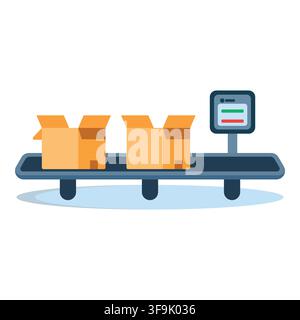 Automated conveyor belt with open cardboard boxes and digital scale for weighing Stock Vector