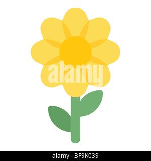 Simple yellow daisy flower illustration with green stem and leaves on white background Stock Vector
