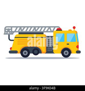 Bright yellow cartoon fire truck with a ladder and blue windows, isolated on white Stock Vector
