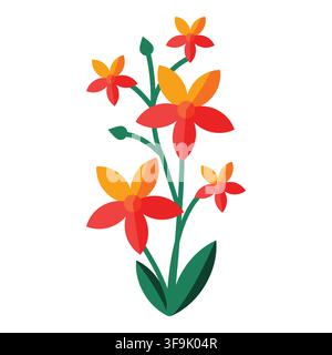 Stylized red and orange flowers on green stems with dark green leaves, isolated on white Stock Vector