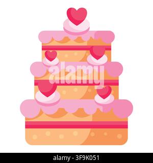 Three-tiered celebratory cake with pink frosting and heart decorations, flat design Stock Vector