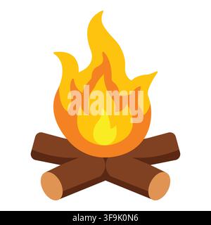 Stylized campfire with bright orange and yellow flames burning on brown logs Stock Vector