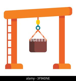 Orange construction gantry crane lifting a brown cargo box with a blue hook and yellow pulley Stock Vector