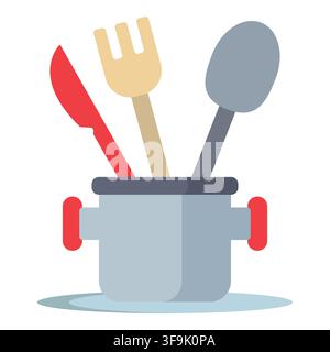 Flat design illustration of kitchen utensils in a pot, featuring red knife, beige fork, and grey spoon Stock Vector