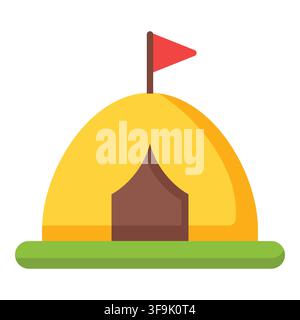 Bright yellow tent with red flag on green grass, simple flat design illustration Stock Vector