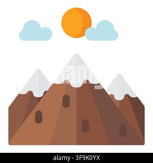 Stylized mountain range with snow-capped peaks under a bright sun and clouds Stock Vector