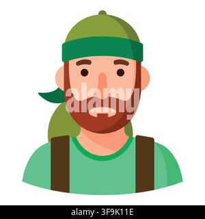 Flat illustration of a bearded man wearing a green cap and backpack, simple design Stock Vector