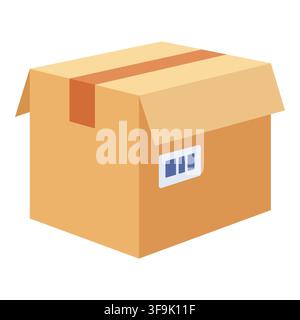 Brown cardboard box with tape and label, isolated on white background, isometric view Stock Vector