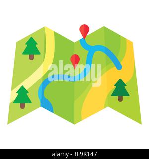 Colorful flat design map with trees, river, and location pins for outdoor adventure Stock Vector
