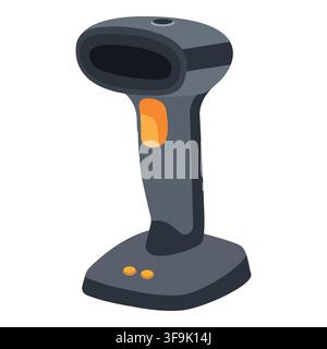 Modern gray barcode scanner with orange button on a black base, isolated on white Stock Vector