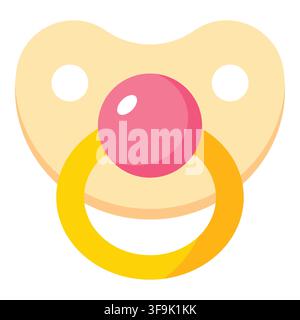 Flat design illustration of a baby pacifier with yellow ring and pink nipple Stock Vector