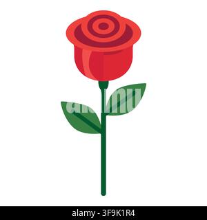 Stylized red rose with green stem and leaves, simple flat design illustration Stock Vector