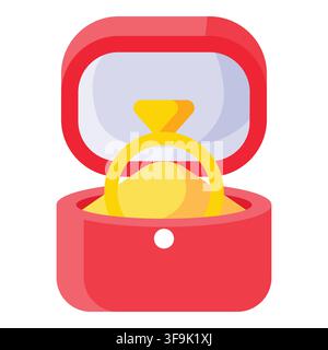Elegant gold engagement ring with diamond in open red velvet jewelry box Stock Vector