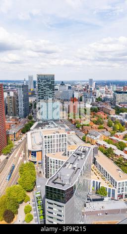 An aerial view of the modern office blocks and the South side of Birmingham City Centre in portrait orientation Stock Photo
