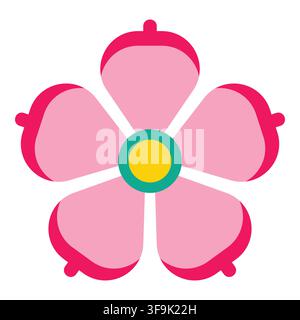 Stylized pink cherry blossom flower with yellow center and teal ring on white background Stock Vector