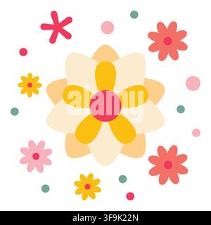 Whimsical flat design flowers and dots in pastel yellow, pink, and coral colors Stock Vector