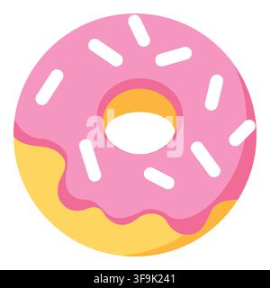 Sweet pink frosted donut with yellow base and white sprinkles, isolated on white background Stock Vector