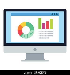 Flat design computer screen displaying colorful pie and bar charts with data analysis Stock Vector