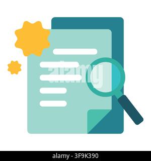 Flat design icon representing document analysis with magnifying glass and starbursts Stock Vector