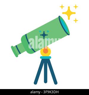 Green telescope on tripod looking at stars, flat design, bright colors, science illustration Stock Vector