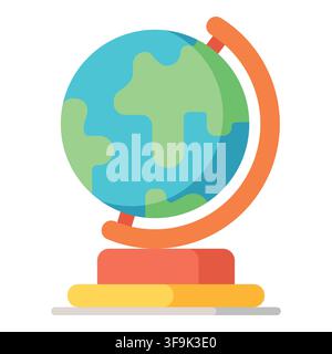 Flat design globe icon with continents in blue and green on an orange stand Stock Vector