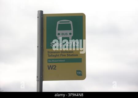 Tallaght, County Dublin, Ireland, 15 Aug 2026 – A green and yellow Go Ahead Ireland double decker bus operating route W2 travels through Tallaght with passengers on board and its destination display showing Liffey Valley SC. The scene documents a suburban public transport service linking communities in south and west Dublin and the operation of Dublin’s redesigned orbital bus network in 2026. Stock Photo