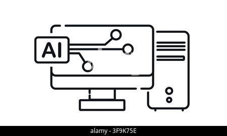 Desktop computer tower and monitor with AI circuit symbol on screen vector icon. Stock Vector