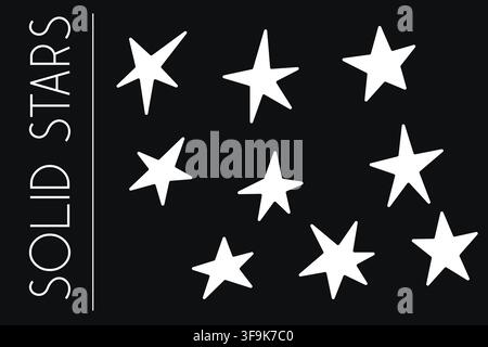 White solid stars form a graphic collection of nine irregular silhouettes on a black background for bold modern celestial decoration Stock Vector