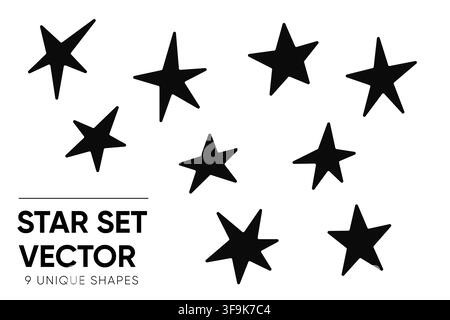 Black star shapes set features nine unique irregular silhouettes isolated on a white background for simple creative icon and decoration design Stock Vector