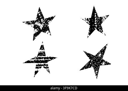 Four distressed black stars form a bold grunge texture set isolated on a white background with worn details for vintage decorative design Stock Vector