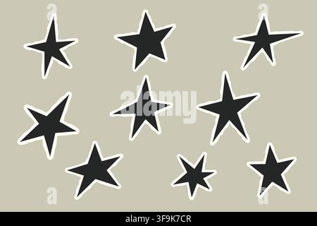 Nine irregular black star stickers form a playful collection with bold white outlines on a neutral beige background for modern decorative design Stock Vector