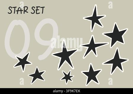 Star set collection features nine black outlined stickers with playful typography on a neutral beige background for modern decorative design Stock Vector