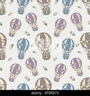Seamless pattern of cute rabbits riding colorful hot air balloons among spring flowers. Playful nursery design for Easter decoration, children textile Stock Vector