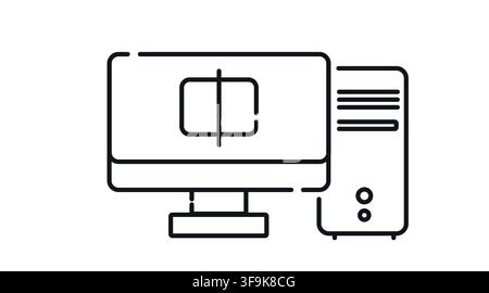 Desktop computer tower and monitor with split screen symbol vector icon. Black line art style on white background. Stock Vector
