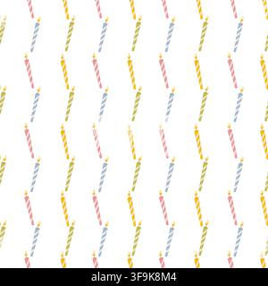Striped vector seamless pattern of birthday candles with flickering flames, bright pink, yellow, blue, green motifs for party packaging, invitations Stock Vector
