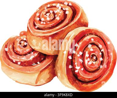 watercolor cinnamon roll cake set, hand-drawn in a clean artistic style, isolated on white, illustration vector Stock Vector