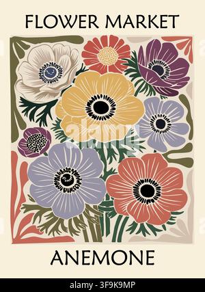 Flower market retro poster with vibrant anemone Stock Vector