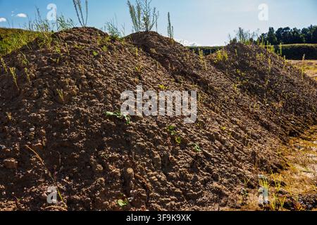 Large heaps of brown sand and soil covered with small sparse green weeds at an open mining quarry under a bright blue summer sky with a scenic landsca Stock Photo