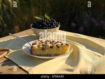 A slice of golden-brown berry pie and a bowl of fresh berries in a sunlit garden Stock Photo