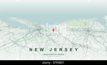 Modern minimalist vector map of New Jersey USA state outline geography coastline highway network and major cities for print poster wall art design. Stock Vector