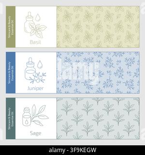 Essential Oil Skincare and Beauty Labels with Botanical Patterns Stock Vector