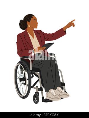 Woman in wheelchair holds tablet, gestures forward Stock Vector