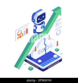 Isometric Robot Riding Rising Arrow with Broken SaaS Cloud Business. AI Disrupting SaaS Concept Stock Vector