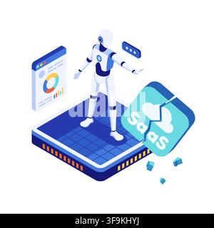 Isometic AI Replacing SaaS Platform Concept with Robot Destroying Cloud Software Block Stock Vector